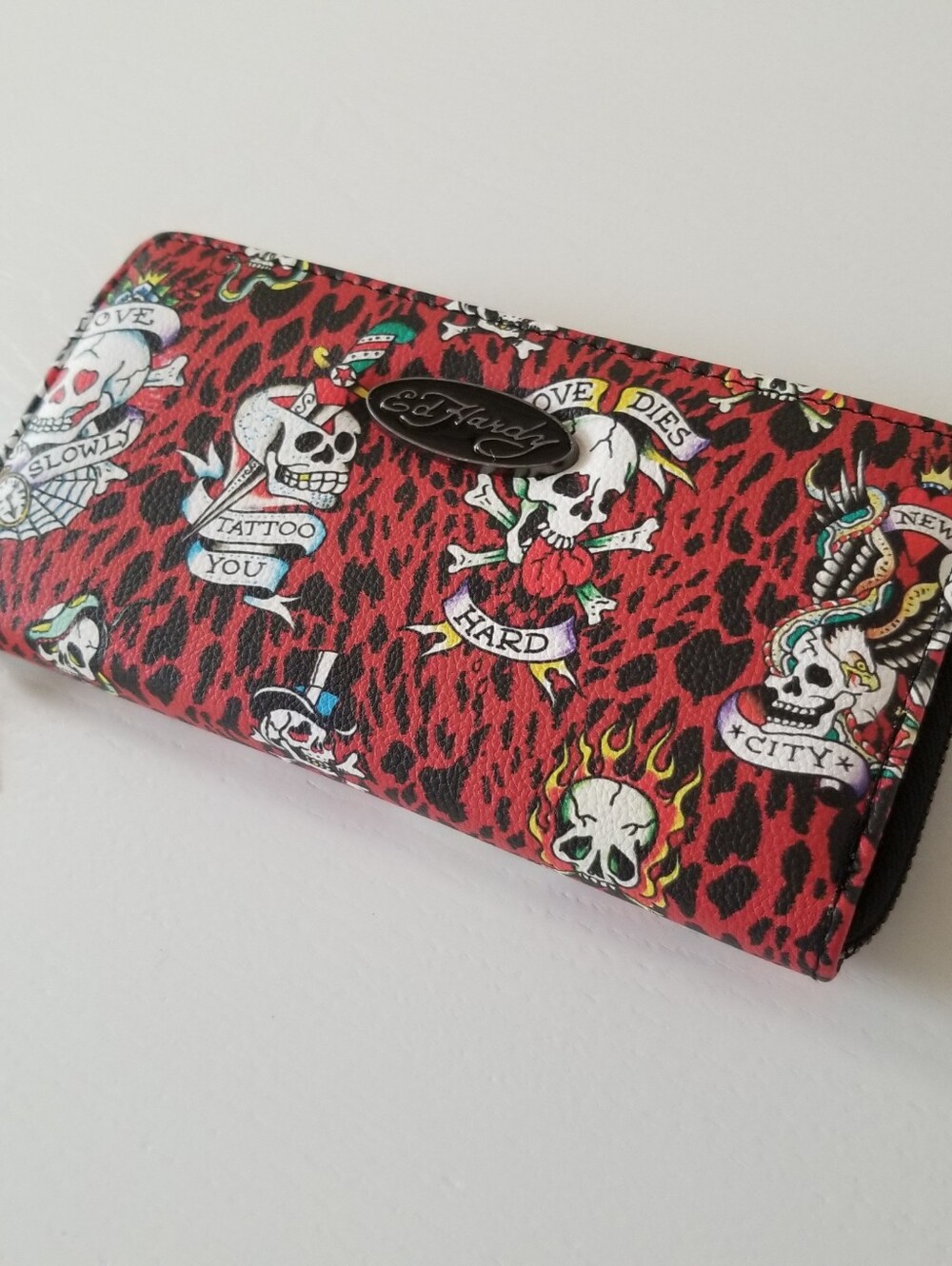 Ed Hardy Skull Zip Around Wristlet Wallet Vegan Leather NWT